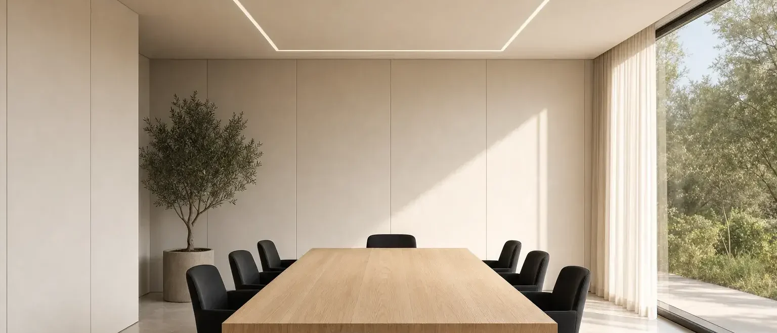 Trimless recessed linear lighting cut cleanly into a ceiling