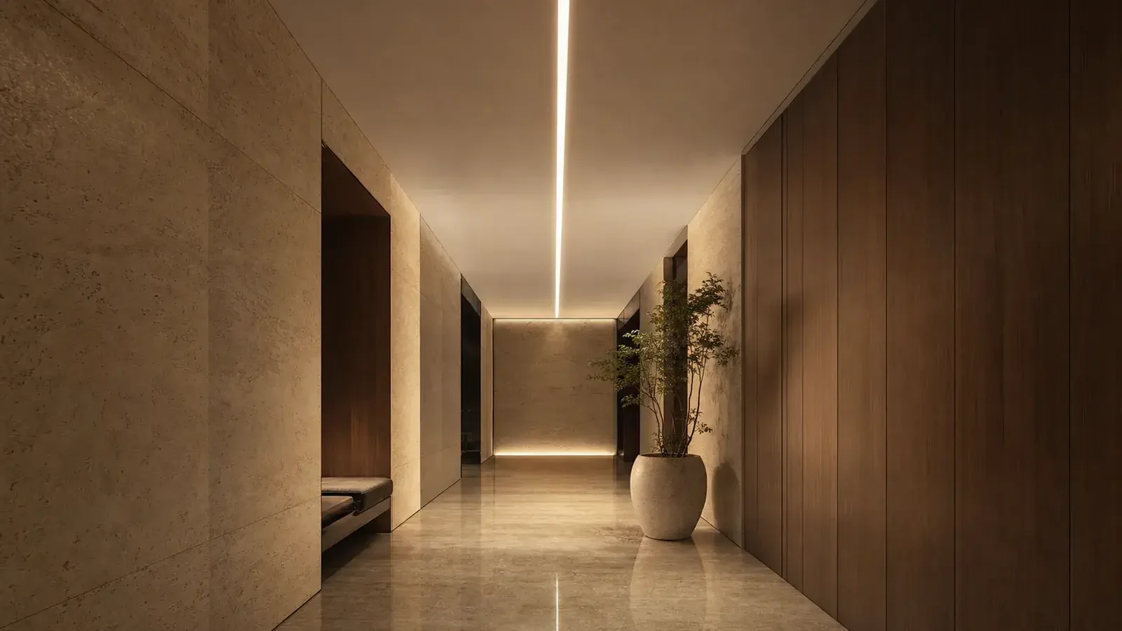 Trimless linear lighting in a hospitality corridor
